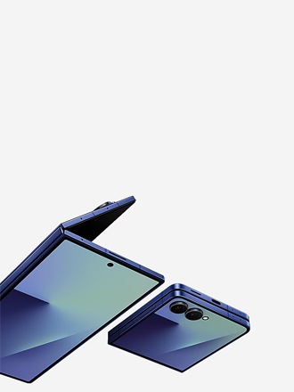 A Blue Shadow Galaxy Fold7 is floating half open next to a Blue Shadow half unfolded Galaxy Z Flip7.