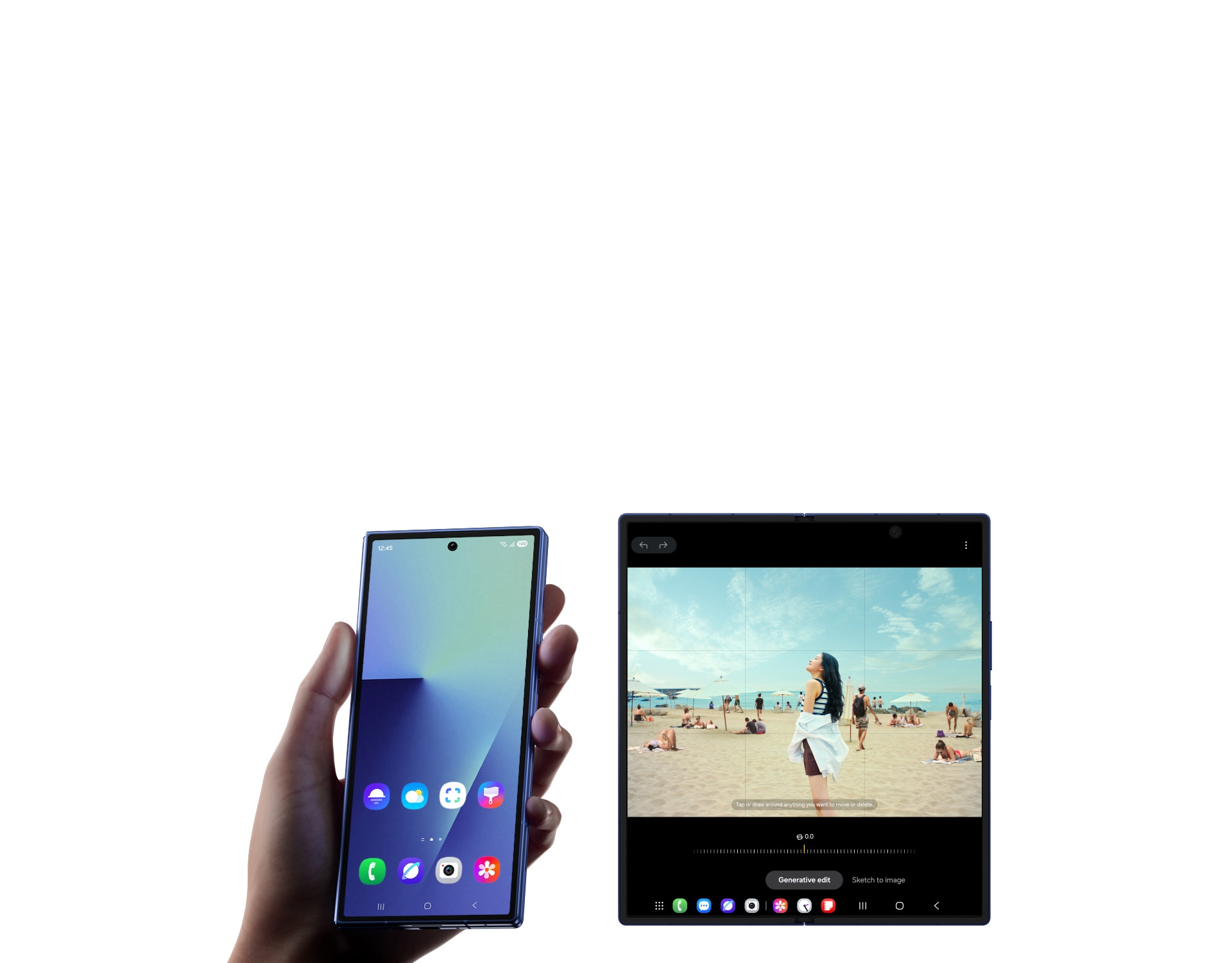 Рука тримає складений сіро-блакитний Galaxy Fold7, видимий зі сторони зовнішнього екрана. Поруч розташований інший сіро-блакитний Galaxy Fold7, розкритий і показаний з боку основного екраназ зображенням жінки на пляжі. З’являється Photo Assist з опціями Згенерованого редагування та Sketch to image. Згенероване редагування дозволяє натиснути або обвести будь-що, що ви хочете перемістити чи видалити. Натисніть іконку видалення об'єктів, яка з’являється у верхньому правому кутку екрана, — вона розпізнає та виділяє інших людей на пляжі. Натисніть іконку видалення, що з’являється ближче до центру екрана. Виділені елементи зникають. Після натискання кнопки «Згенерувати» сцена очищується за допомогою Galaxy AI, який відтворює зображення з деталями. На екрані з’являються опції «Показати оригінал» і «Зберегти копію».