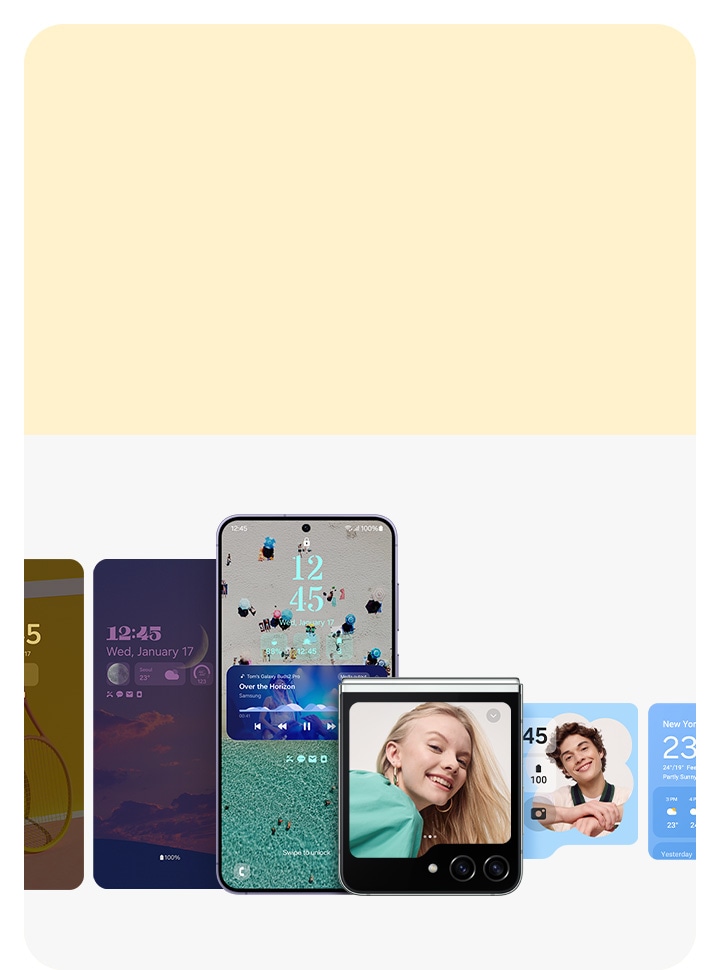 Показані два смартфони Galaxy, правий пристрій – це Galaxy Flip5. На екрані Galaxy S24 і зовнішньому дисплеї Galaxy Flip5 відображаються різні користувацькі налаштування. Ліворуч і праворуч від пристроїв – різні теми головного екрана та віджети.