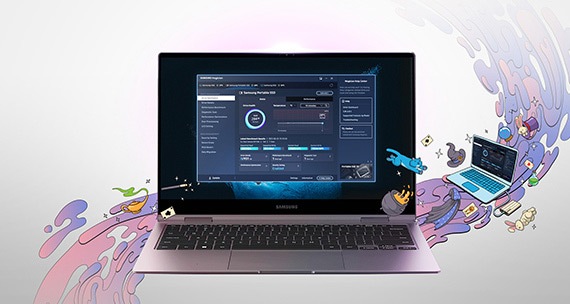 Ноутбук Samsung Galaxy повністю відкритий і направлений вперед. Ліворуч зображено блакитного кота, білого кролика у фіолетовому капелюсі, схожому на капелюх фокусника, та ілюстрацію ноутбука Samsung Galaxy. Праворуч - жовта лампа джина, що випускає зелений дим, а знизу від ноутбука Samsung Galaxy - крапля рідини фіолетового відтінку, ніби ноутбук разом з усіма ілюстраціями знаходиться на хвилях фіолетового кольору, що пропливають через нього.