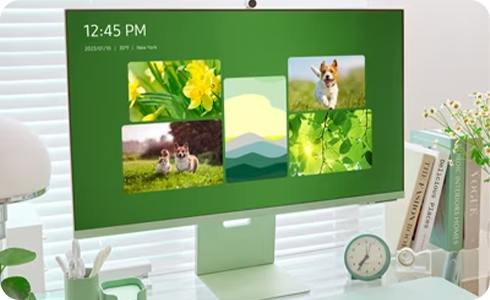 The My Contents screen displayed on a Samsung Smart Monitor, with images of nature and dogs