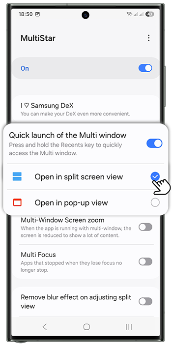 <b>3.</b> Активуйте функцію <b>Quick launch of the Multi window</b> та встановіть прапорець біля режиму, що має запускатися з утриманням кнопки Останні: <b>Open in split screen view</b> або <b>Open in pop-up view</b>.