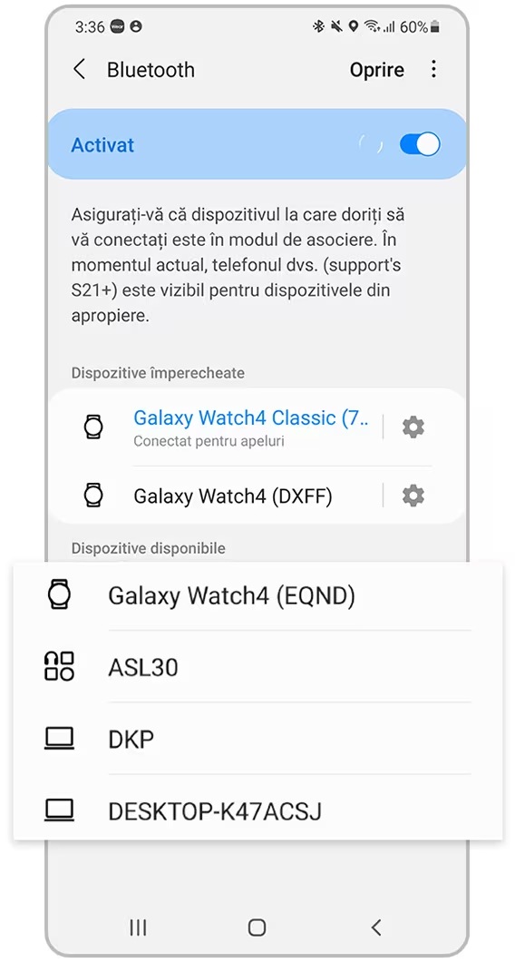 ➌ Alegeți dispozitivul pe care doriți să îl împerecheați din lista de sub „Dispozitive disponibile”.