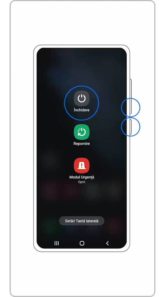 <b> Pasul 1. </b> Oprește dispozitivul ținând apăsate <b> Tasta volum mai mic  </b> și <b> Tasta laterală</b>, apoi selectează <b> Închidere</b>.