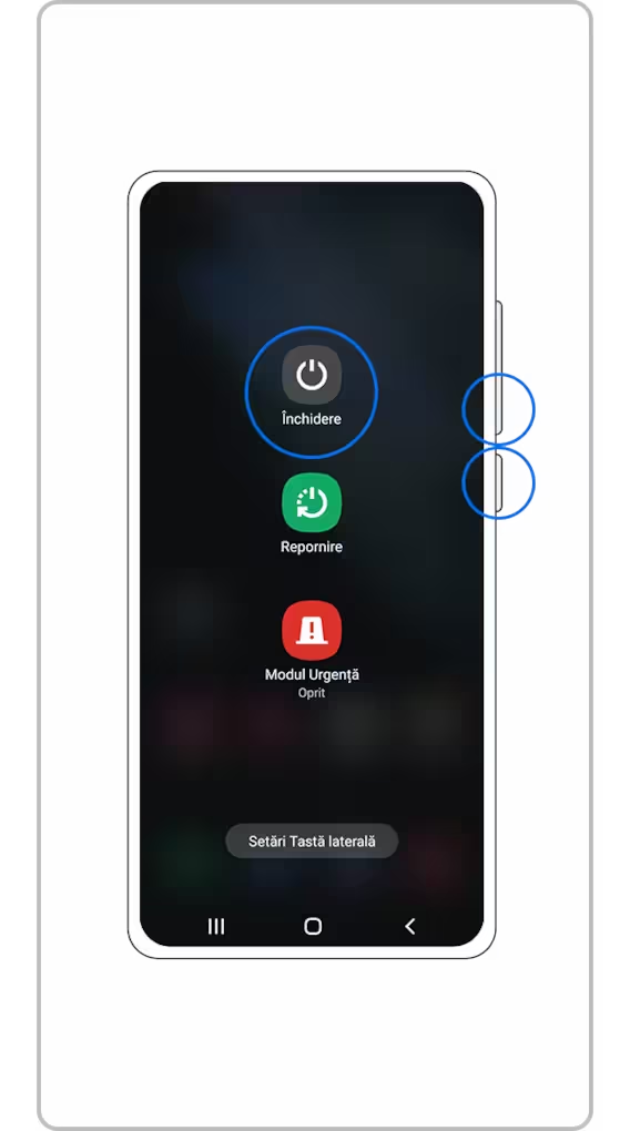 <b>Pasul  1.</b> Oprește dispozitivul menținând apăsate simultan <b>Tasta volum mai mic</b> și <b>Tasta laterală</b> și apoi selectează <b>Închidere</b>.