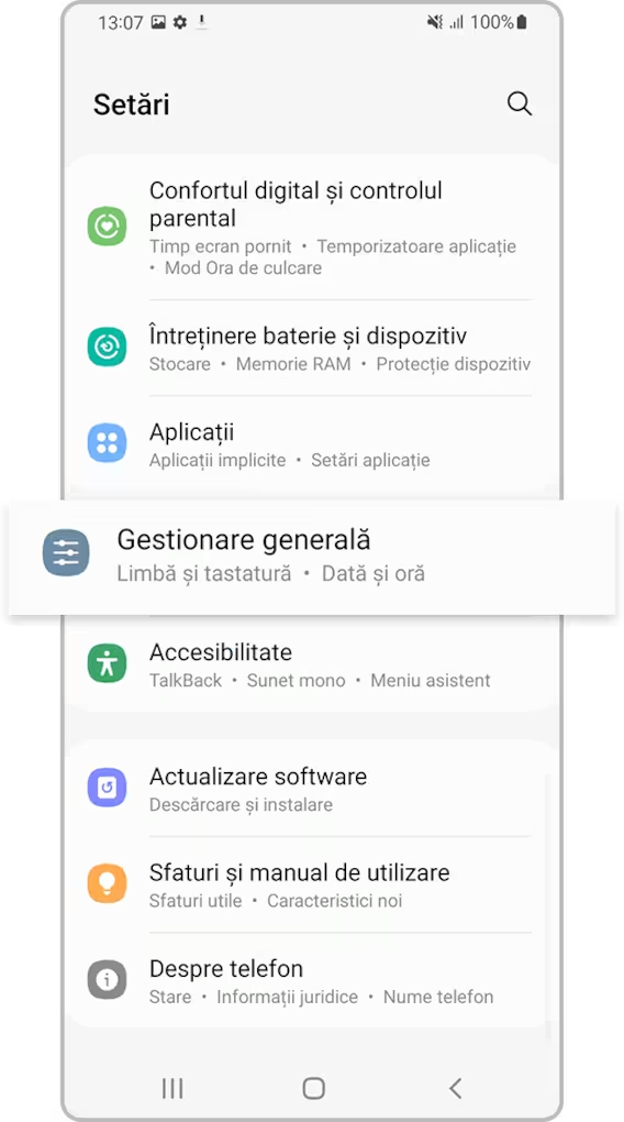 <b>Pasul 1.</b> Mergi la <b>Setări</b> și selectează <b>Gestionare generală</b>.