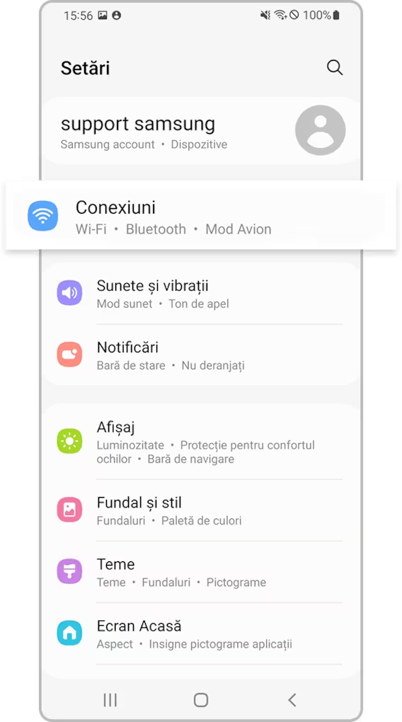 <b>Pasul 1.</b> Deschideți <b>Setări</b> și apăsați <b>Conexiuni</b>.