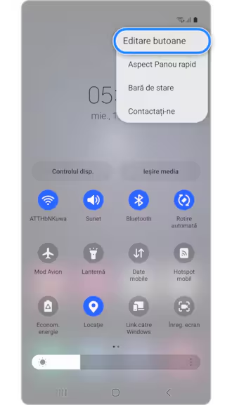 <b>1.</b> Utilizând două degete, glisați în jos de pe partea de sus a ecranului dispozitivului pentru a deschide panoul Setări rapide. Apoi, atingeți <b>Mai multe opțiuni</b> (cele trei puncte verticale), și apoi atingeți <b>Editare butoane</b>