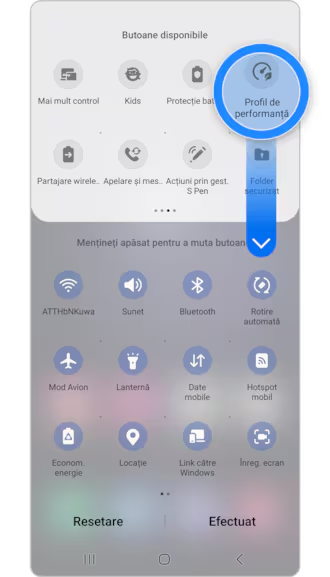 <b>1.</b> Atingeți lung pictograma <b>Profil de performanță</b>, apoi trageți-o în panoul Setări rapide