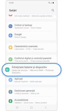 <b>1.</b> Deschideți meniul <b>Setări</b>, apoi atingeți <b>Întreținere baterie și dispozitiv</b>