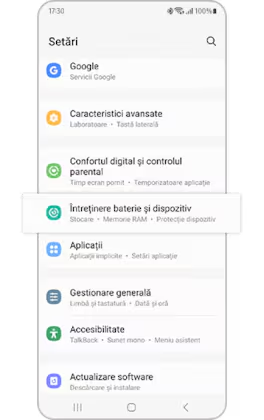 Vedere a opțiunii evidențiate „Îngrijirea bateriei și a dispozitivului”.