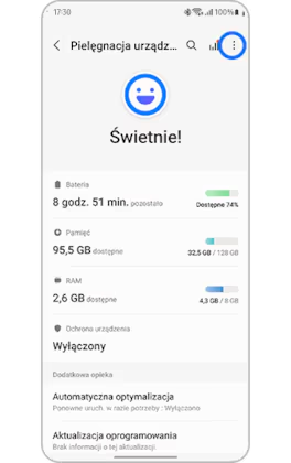 Vizualizare imagine a opțiunilor suplimentare din secțiunea „Îngrijirea dispozitivului”.