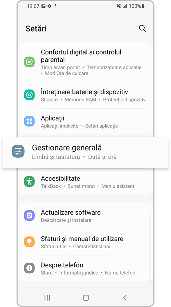 <b>Pasul 1.</b> Mergi la <b>Setări</b>, apoi atinge  <b>Gestionare generală</b>.