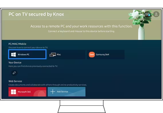 <b>Pasul 2.</b> Selectează <b>Windows PC</b> în panoul de meniu PC on TV. Apoi va apărea ghidul pentru Windows PC.