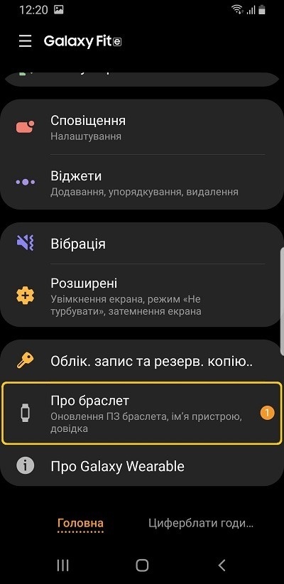 Пункт "Про браслет" в Galaxy Wearable