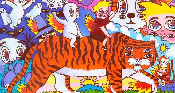 A four-eyed boy and a ghostly figure, both adorned with four eyes, ride a tiger with an equal number of eyes. The backdrop is a vibrant blend of the two characters atop the four-eyed tiger.