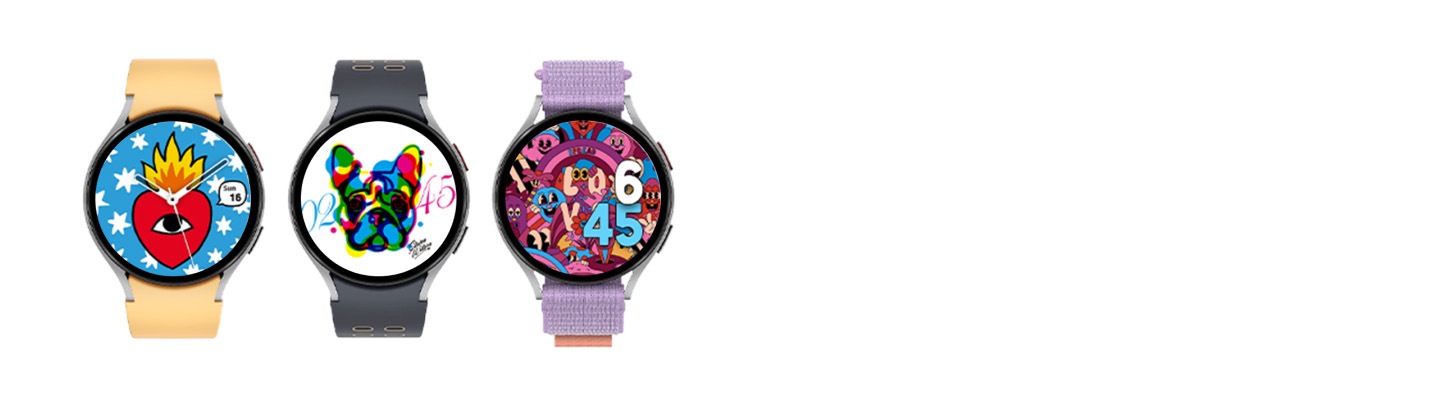 Showcasing three Galaxy Watch6 devices, each featuring watch faces adorned with art from Ricardo Cavolo, Steven Wilson and Yeye Weller respectively.
