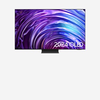 A 2024 OLED TV with a purple graphic on screen