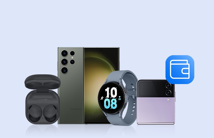 A pair of Galaxy Buds in their case sit next to a Samsung S23 Ultra with a colourful screen. Next to this is a blue strapped Galaxy Watch and Flip 4