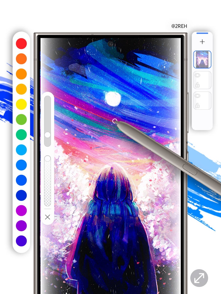 A digital artwork featuring a woman is showcased on a smartphone screen which draws by 2REH. The S-Pen applies a diverse range of colors, with color options on display next to the smartphone screen.
