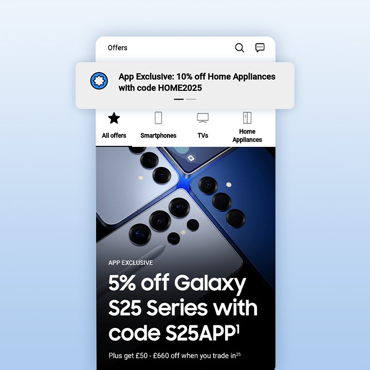 A range of Samsung Galaxy phones are laid out to form a square. An S Pen lies on the side. Above is a banner displaying Samsung Shop App exclusive codes.