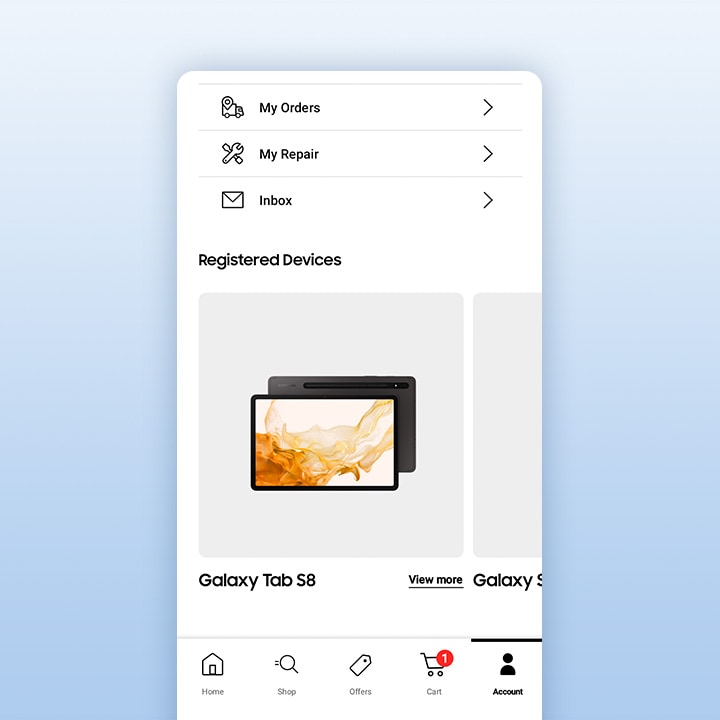 A phone shows the Samsung Shop App device registration page. In the middle is a Galaxy Tab S8 with a graphic screen.
