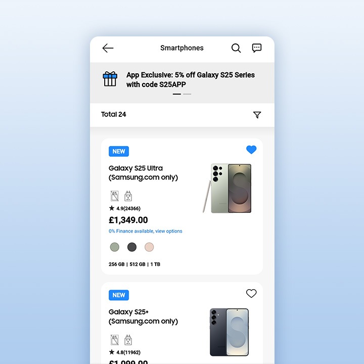 A phone displays the wishlist interface of the Samsung Shop App. A Galaxy S25 Ultra with a coloutful screen and S Pen to the side and a Galaxy S25+ is shown.