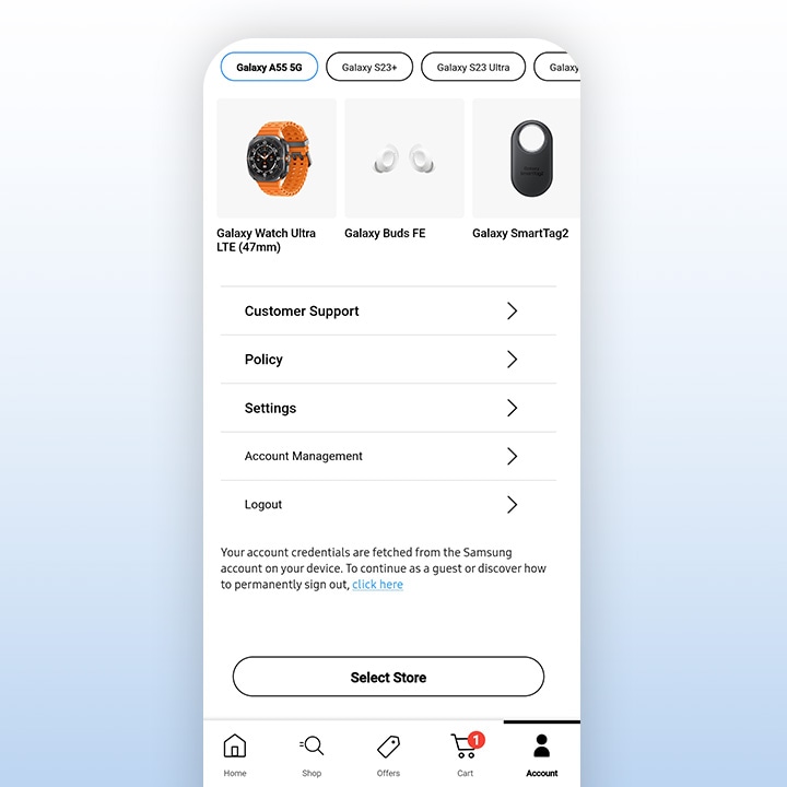 A phone displays the Samsung Shop App personalisation interface. A Galaxy Watch Ultra with an orange band, Galaxy Buds FE and a Galaxy SmartTag are featured.