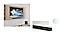 A close-up of a B-Series soundbar. The B-Series soundbar is placed on a shelf underneath a TV in a living room. A subwoofer is on the floor to the side.