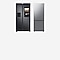 Two Samsung fridge/freezers are shown side by side. One in silver and one in black