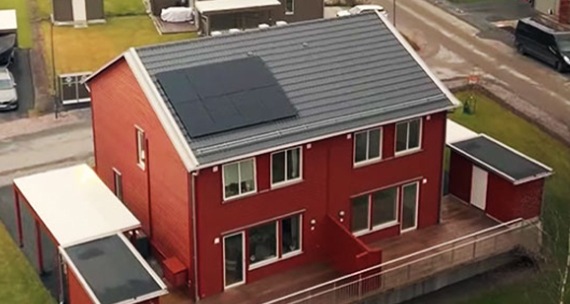 Overhead view of a home with roof mounted solar panels
