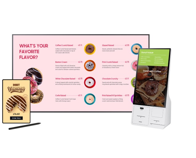 A display, a tablet and a kiosk are playing promotional content.