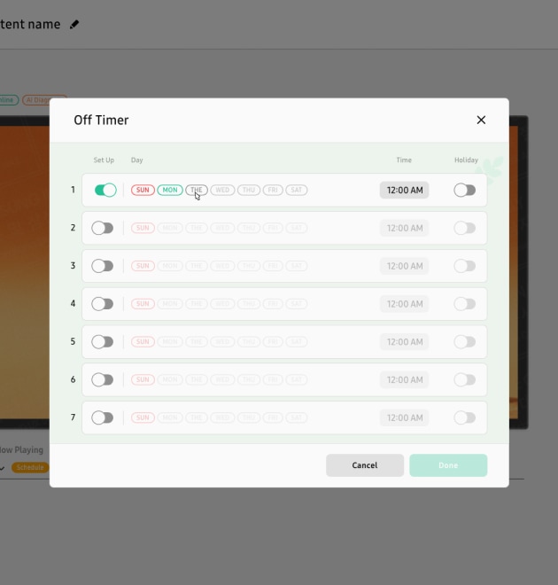 In the energy management screen of Samsung VXT, there is a menu bar to set automatic off timer for the screen.