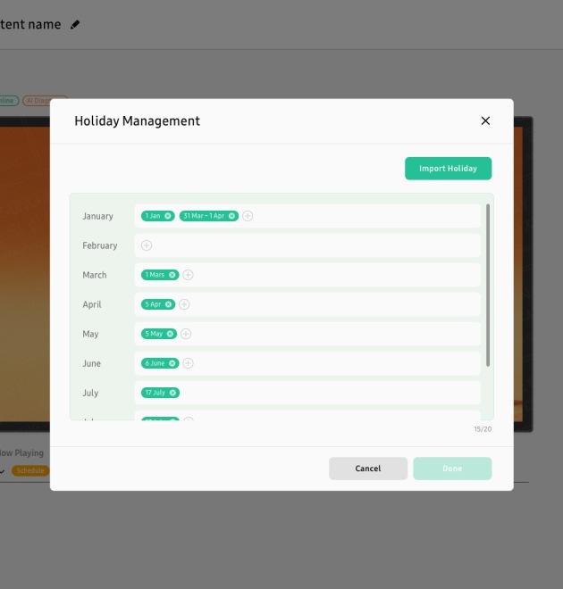 In the energy management screen of Samsung VXT, there is a menu bar to set holiday schedule.