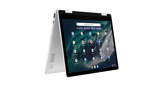 A Samsung Chromebook is shown folded outwards, with an app interface on the screen