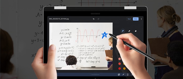 A hand is shown using a S Pen on a folded Galaxy Book5 Pro360 to take notes