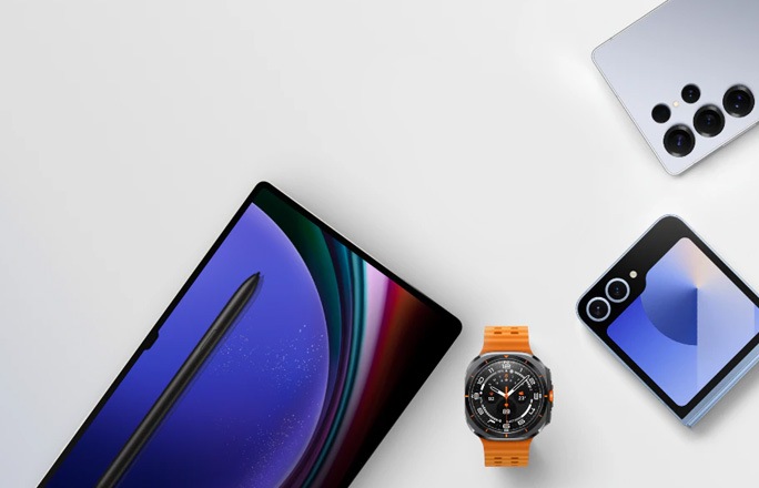 A Galaxy tablet, watch and two smartphones are shown