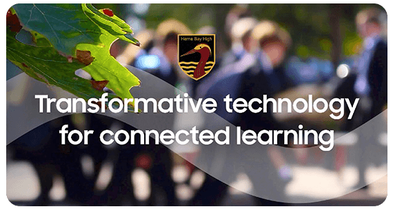 A leaf in the foreground, blurred students walking in the background, and the text “Transformative technology for connected learning” with a school crest at the center.