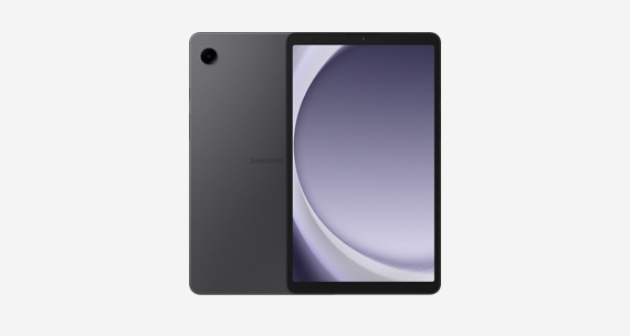 Two Galaxy Tab A9s are shown. One faces the front with a circle design on the screen