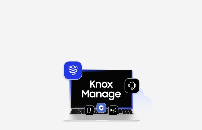 A Samsung Galaxy Chromebook is open with the Samsung Knox Manage on the screen