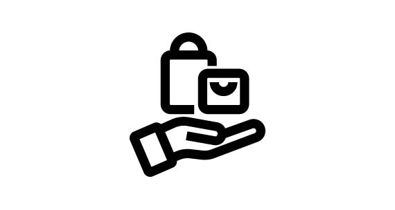 An illustrated hand faces up holding a bag and envelope