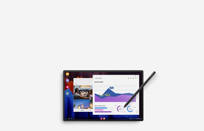 A tablet shows the Samsung DeX interface on the screen. An S Pen leans to the right side