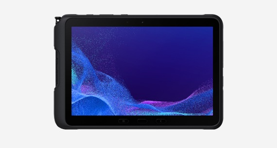 A Galaxy Tab Active4 Pro is shown with a blue pattern on the screen