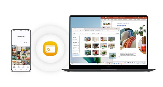 Samsung laptop and smartphone are shown with sync logo