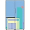 Graphical illustration on Samsung Bespoke fridge design. Graphic simulates rectangular and square buildings at sunset.