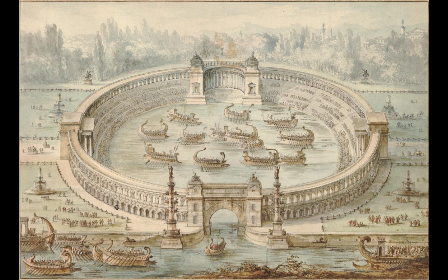 Photo of an old watercolour painting of an Ancient Roman naumachia in which militarty boats are positioned to stage a naval battle Photo of an old watercolour painting of an Ancient Roman naumachia in which militarty boats are positioned to stage a naval battle