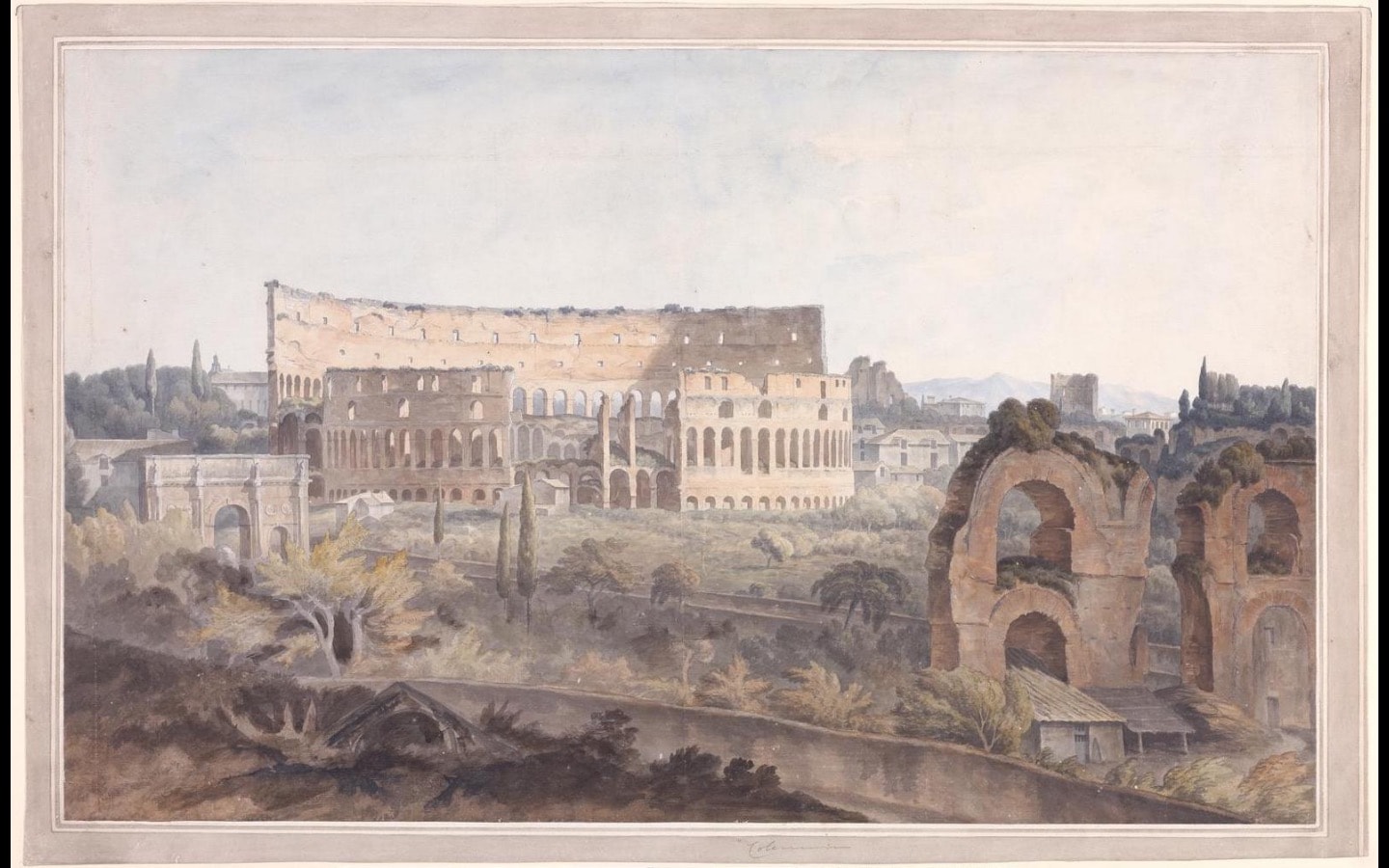 Photo of a vintage watercolour painting of the ruined Flavian Amphitheatre (Colosseum) in the distance and Arch of Constantine in the Roman Forum Photo of a vintage watercolour painting of the ruined Flavian Amphitheatre (Colosseum) in the distance and Arch of Constantine in the Roman Forum
