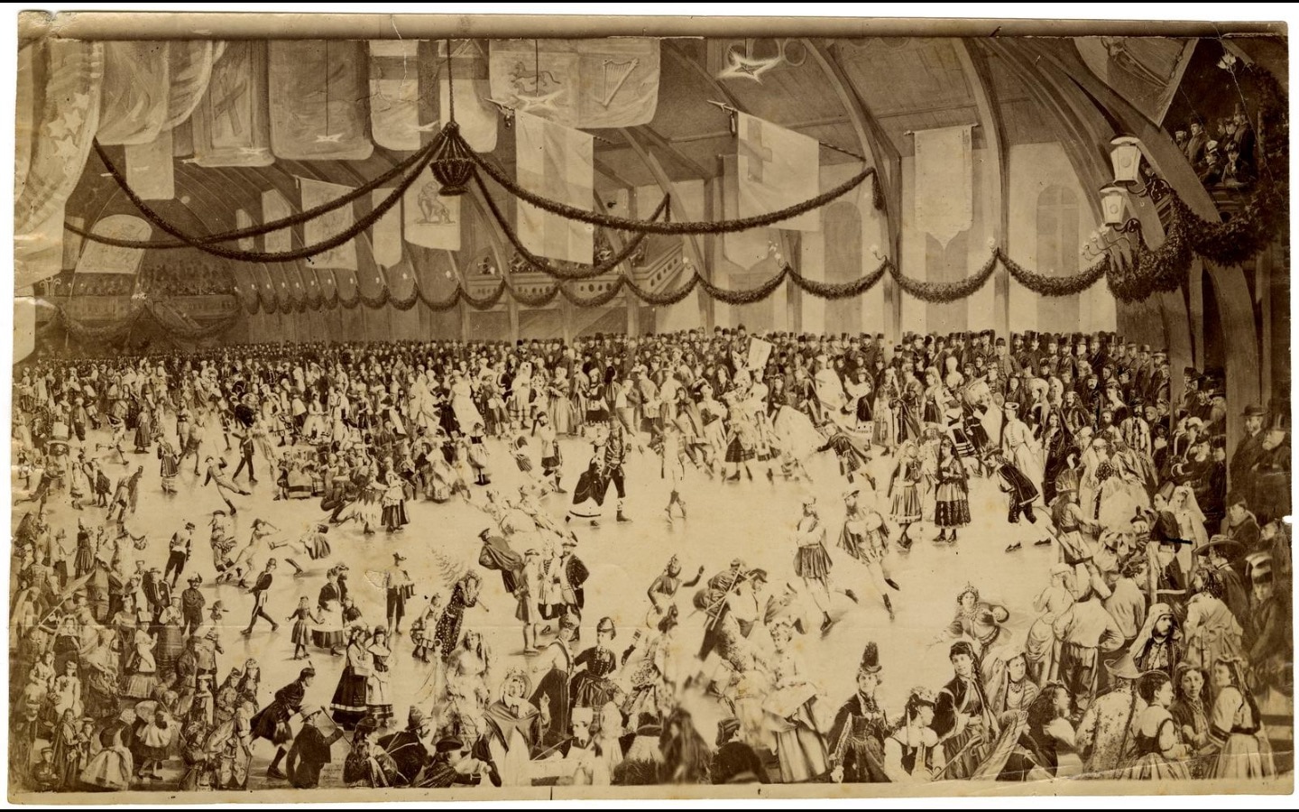 Photo of an old photographic print of a carnival inside an ice palace, with huge crowds moving inside a huge hall decorated with hanging decorations Photo of an old photographic print of a carnival inside an ice palace, with huge crowds moving inside a huge hall decorated with hanging decorations