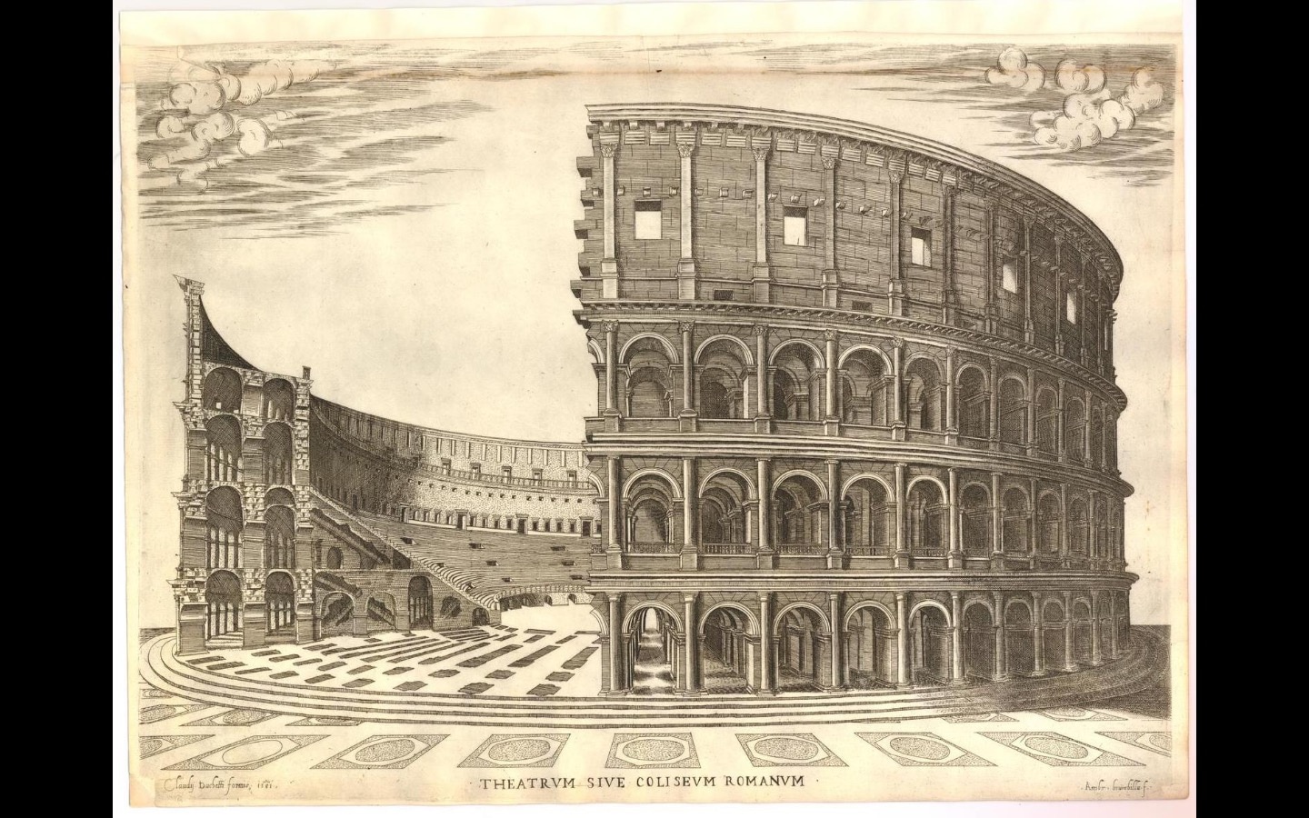 Photo of an old engraving of the Roman Colosseum from the side, with part of the inside of the Colosseum visible Photo of an old engraving of the Roman Colosseum from the side, with part of the inside of the Colosseum visible