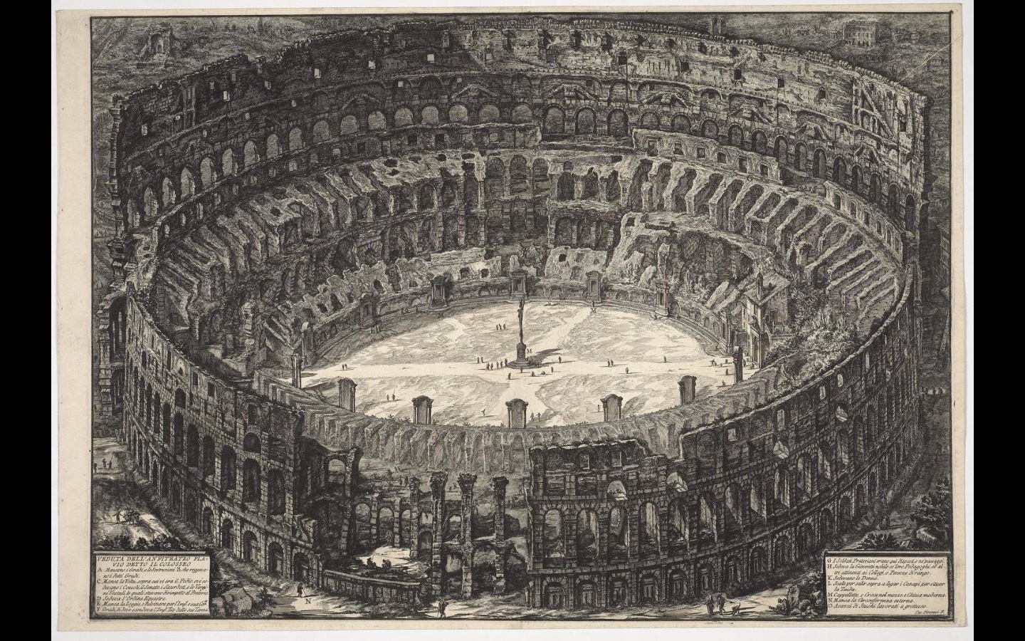 Photo of a close up black and white etching of ruined Roman Colosseum from above from the 18th century Photo of a close up black and white etching of ruined Roman Colosseum from above from the 18th century